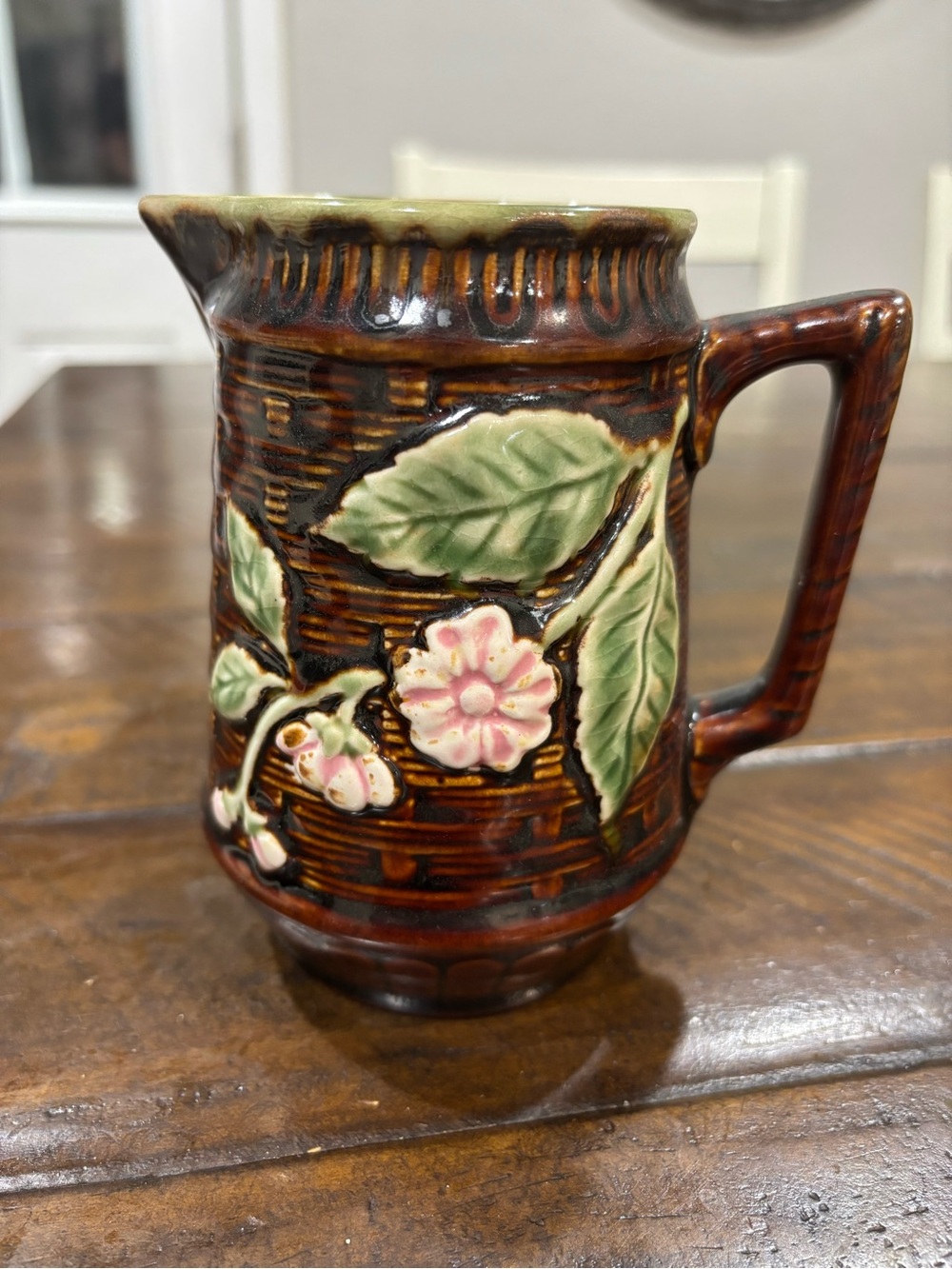 Handcrafted Small Majolica Floral Relief Ceramic Pitcher Basket Weave